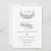 Elegant Monogram Greenery Eucalyptus Sage Wedding Einladung (Vorderseite)