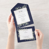 Elegant Monogram Greenery Navy Blue Wedding All In One Einladung (Abreißen)
