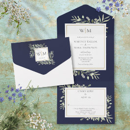 Elegant Monogram Greenery Navy Blue Wedding All In One Einladung