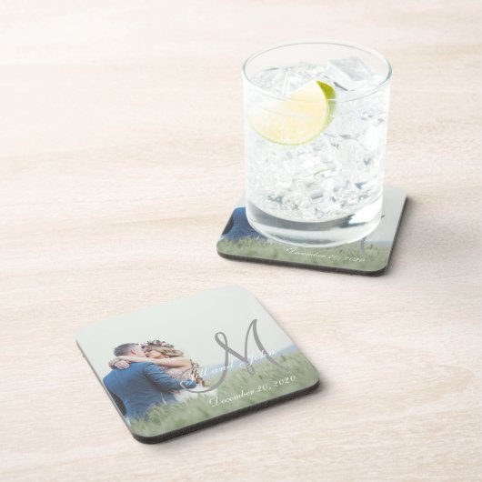 Elegant Monogram Initial Foto Wedding Getränkeuntersetzer (Rechte Seite)