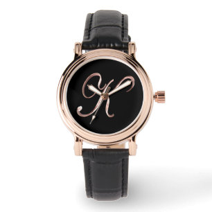 Elegant Monogram Initial K Black Rose Gold Armbanduhr