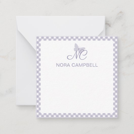 Elegant Monogram Lavender Gingham Personalisiert Mitteilungskarte (Vorderseite)