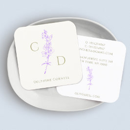 Elegant Monogram Lavender Larkspur Floral Quadratische Visitenkarte