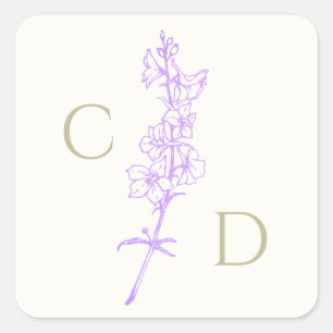 Elegant Monogram Lavender Larkspur Floral Quadratischer Aufkleber