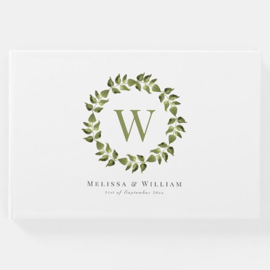 Elegant Monogram Leaf Wreath Greenerenerity Weddin Gästebuch (Vorderseite)