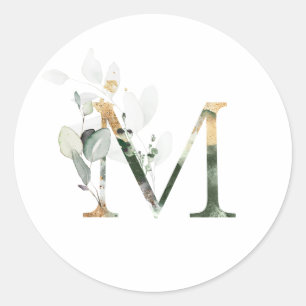 Elegant Monogram M Wedding Stationary Greenery Runder Aufkleber