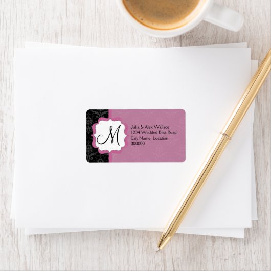 Elegant Monogram Mauve Damask Adressaufkleber (Insitu)