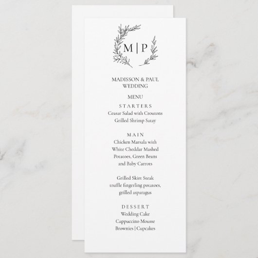 Elegant Monogram Minimalist modern Menu  Menükarte (Vorne/Hinten)