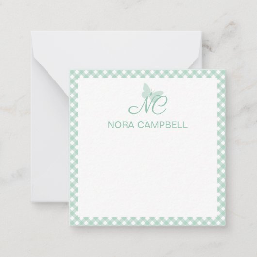 Elegant Monogram Mint Green Gingham Personalisiert Mitteilungskarte (Vorderseite)