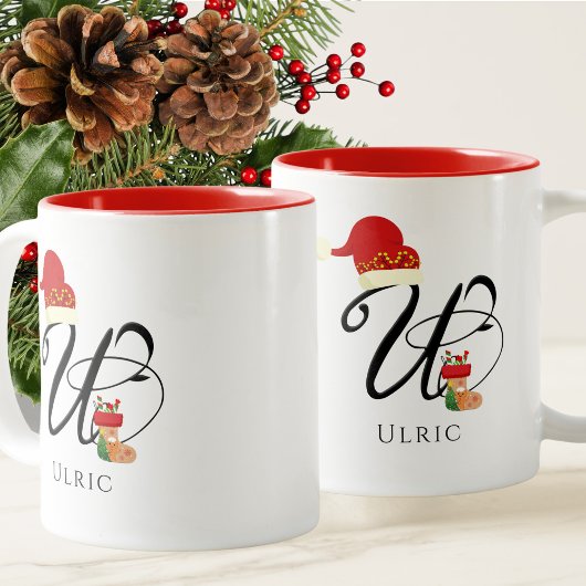 Elegant Monogram Modern Script Initial U Christmas Zweifarbige Tasse
