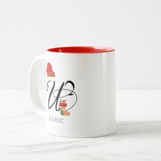 Elegant Monogram Modern Script Initial U Christmas Zweifarbige Tasse (Vorderseite Links)