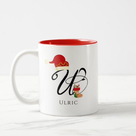 Elegant Monogram Modern Script Initial U Christmas Zweifarbige Tasse (Links)