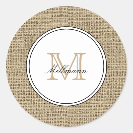 Elegant Monogram Name Country Chic Style Burlap Runder Aufkleber (Vorderseite)