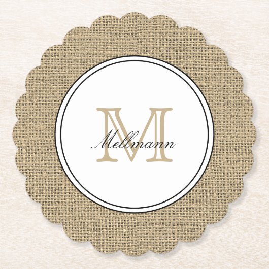 Elegant Monogram Name Country Chic Style Burlap Untersetzer (Vorderseite)