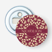 Elegant Monogram Name Leaf Daisy Pattern Burgundy Flaschenöffner (Vorderseite)