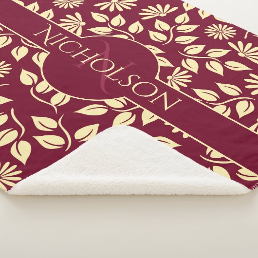 Elegant Monogram Name Leaf Daisy Pattern Burgundy Sherpadecke (3/4)