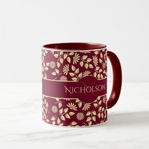 Elegant Monogram Name Leaf Daisy Pattern Burgundy Tasse