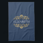 Elegant Monogram Navy Blue Gold Geschirrtuch<br><div class="desc">Ein elegantes und schicke Marineblau und Gold blühte ein monogramm Küchentuch. Fügen Sie Ihren Namen zwischen den goldenen Blüten auf der Vorderseite geblüht. Entworfen für Sie von BlackBerry Boulevard.</div>