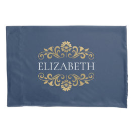 Elegant Monogram Navy Blue Gold Pillow Case Kissenbezug