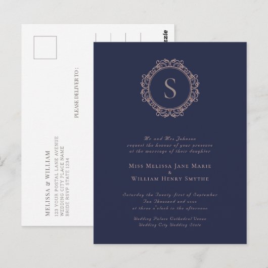 Elegant Monogram Navy Wedding Einladung Postkarte (Vorne/Hinten)