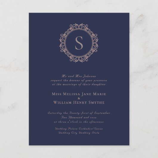 Elegant Monogram Navy Wedding Einladung Postkarte (Vorderseite)