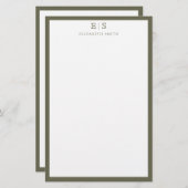 Elegant Monogram Olive Green Border Briefpapier (Vorne/Hinten)