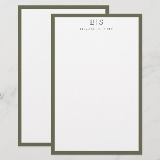 Elegant Monogram Olive Green Border Briefpapier (Vorne/Hinten)