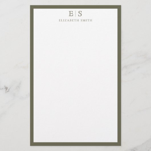 Elegant Monogram Olive Green Border Briefpapier (Vorderseite)