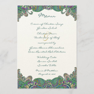 Elegant Monogram Paisley Peacock Colors Wedding Menükarte
