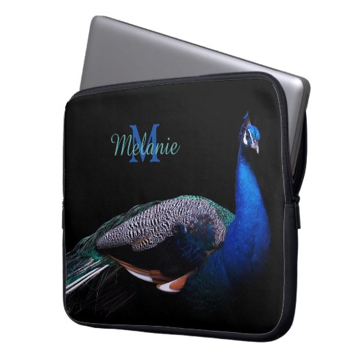 Elegant Monogram Peacock Black Laptopschutzhülle (Vorderseite Links)