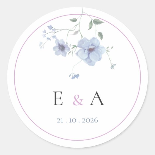 Elegant Monogram Pink & Blue Floral Wedding  Runder Aufkleber (Vorderseite)