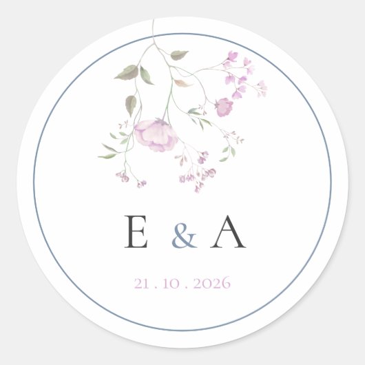 Elegant Monogram Pink & Blue Floral Wedding  Runder Aufkleber (Vorderseite)