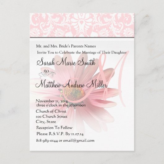Elegant Monogram Pink Daisy Wedding Einladung (Vorderseite)
