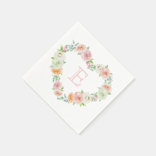Elegant Monogram Pink Floral Heart Wedding Serviette (Ecke)