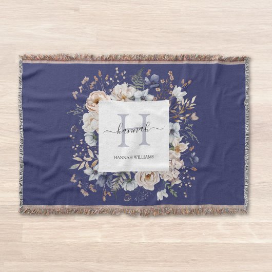 Elegant Monogram Pretty Beige Blue Flowers Floral Decke