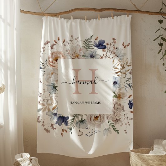 Elegant Monogram Pretty Beige Blue Flowers Floral Fleecedecke