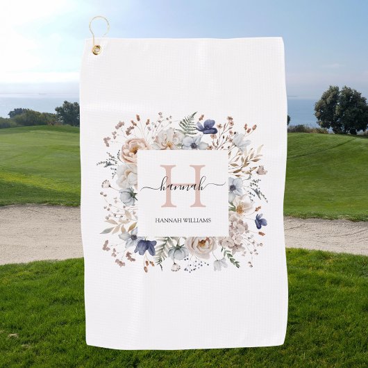 Elegant Monogram Pretty Beige Blue Flowers Floral  Golfhandtuch