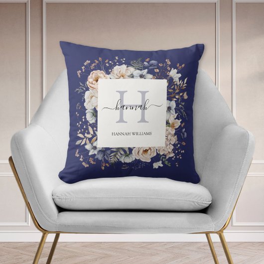 Elegant Monogram Pretty Beige Blue Flowers Floral Kissen