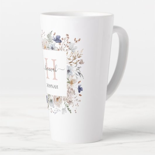Elegant Monogram Pretty Beige Blue Flowers Floral Milchtasse (Rechte Ecke)