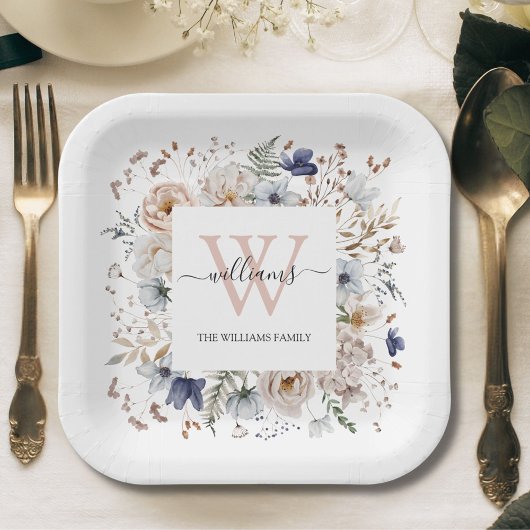 Elegant Monogram Pretty Beige Blue Flowers Floral Pappteller