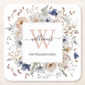 Elegant Monogram Pretty Beige Blue Flowers Floral Rechteckiger Pappuntersetzer (Vorderseite)