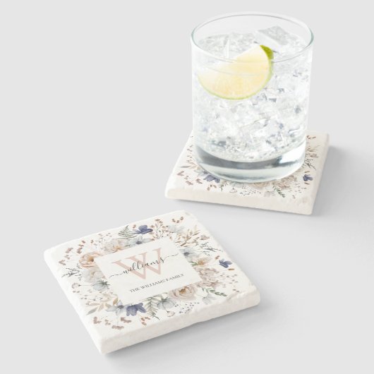 Elegant Monogram Pretty Beige Blue Flowers Floral Steinuntersetzer (Seitenansicht)