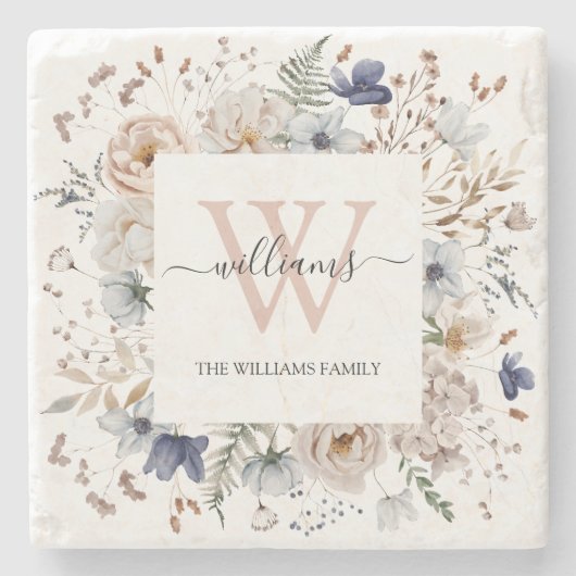 Elegant Monogram Pretty Beige Blue Flowers Floral Steinuntersetzer (Vorderseite)