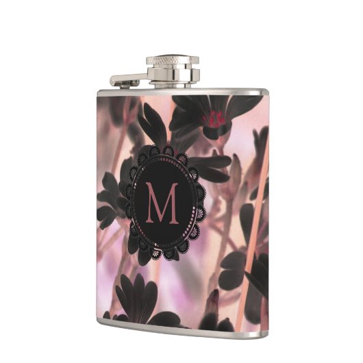 Elegant Monogram Purple Flowers Flachmann (Links)