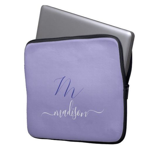 Elegant Monogram Purple Script Office School Laptopschutzhülle (Vorderseite Links)