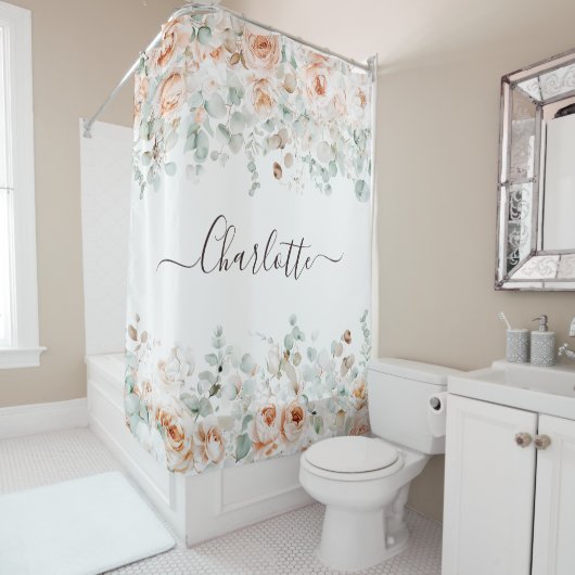 Elegant Monogram Rustikale Rose Blumengrün Duschvorhang (Beispiel)