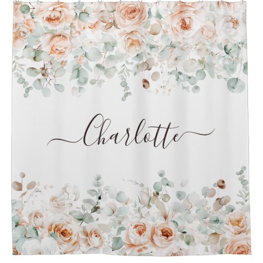 Elegant Monogram Rustikale Rose Blumengrün Duschvorhang (Vorderseite)