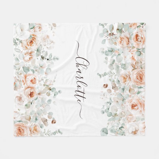 Elegant Monogram Rustikale Rose Blumengrün Fleecedecke (Vorderseite (Horizontal))