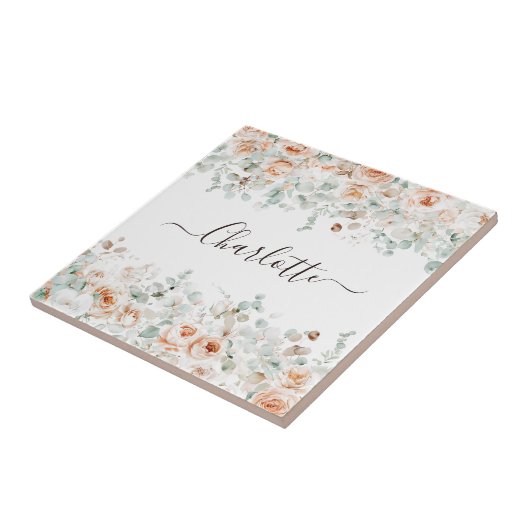 Elegant Monogram Rustikale Rose Blumengrün Fliese (Seite)