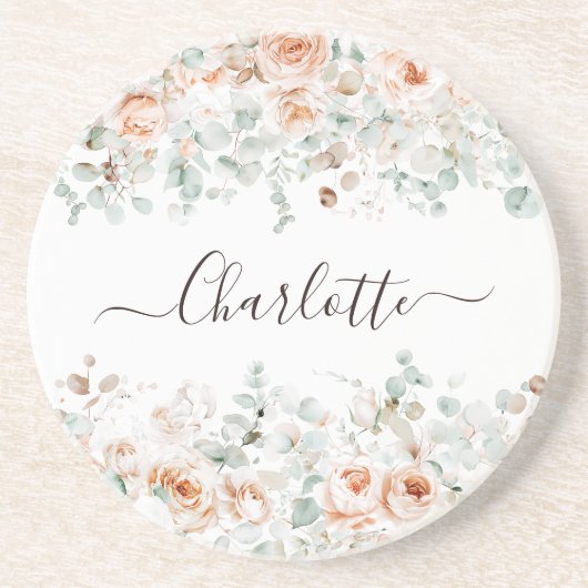 Elegant Monogram Rustikale Rose Blumengrün Getränkeuntersetzer (Vorne)